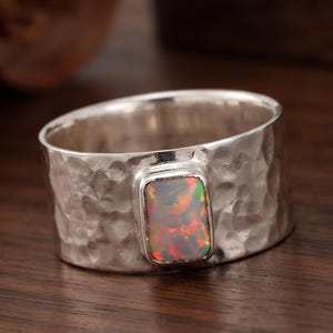 Hammered Silver Rectangle Fire Opal Ring – Rustic Boho Statement Band