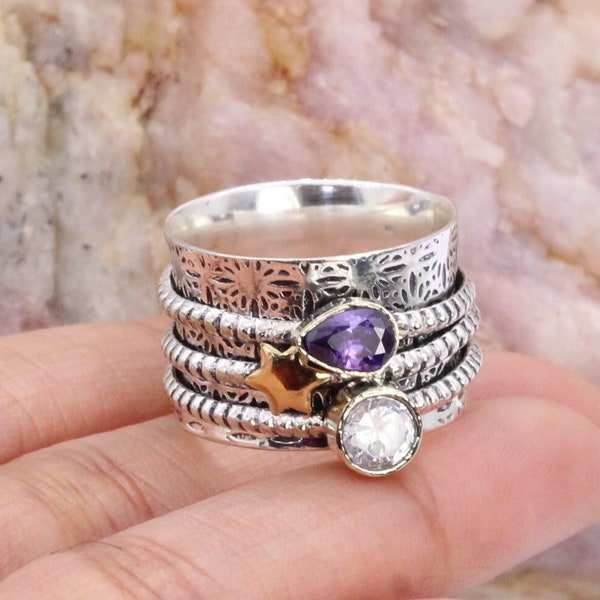 925 Silver Ring, Amethyst Ring, Womens Spinner Ring, Meditation Ring, Wide Band Ring, Girls Partywear Ring,  Customized ring size J TO Z