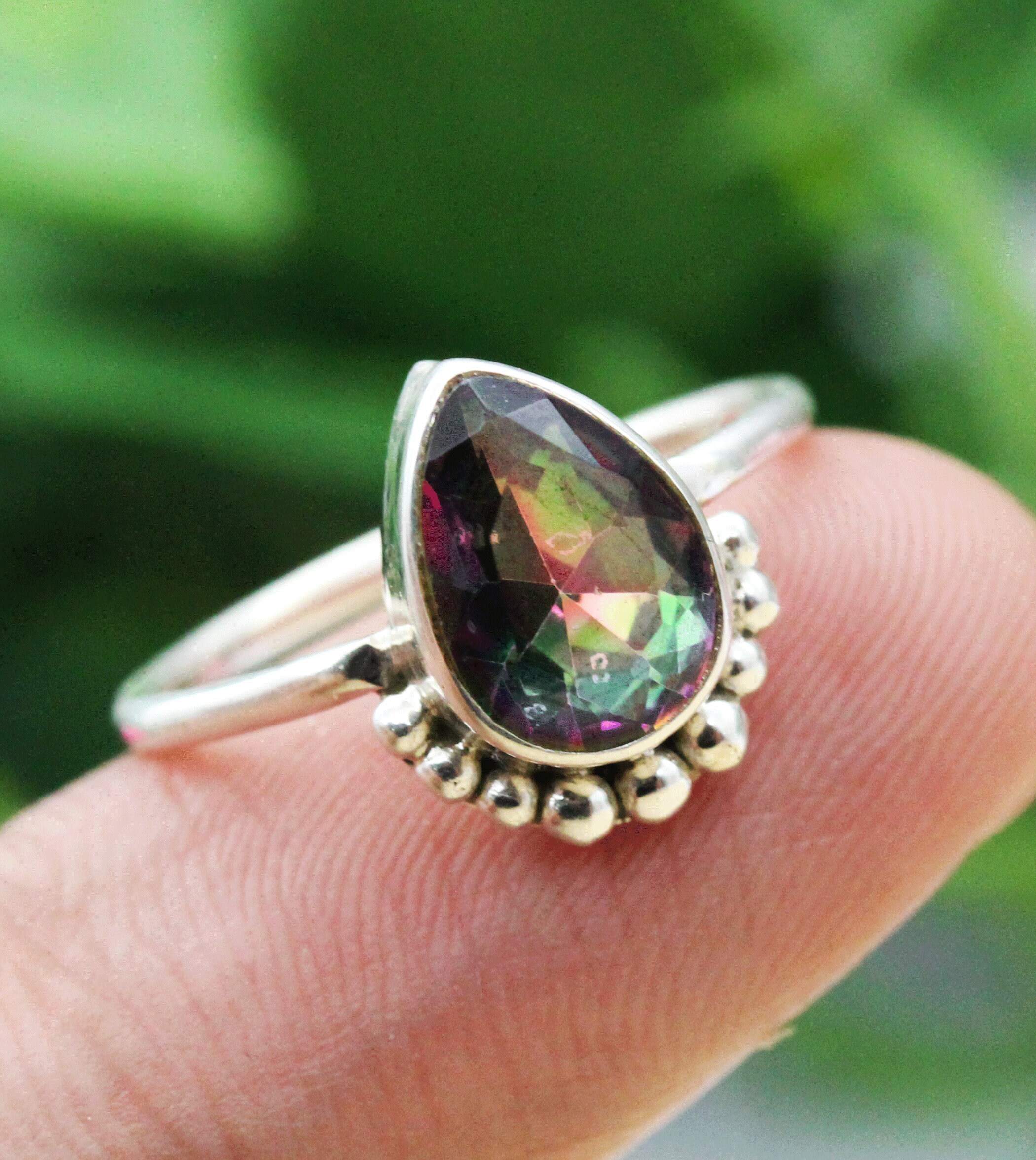 ミスティックトパーズ シルバーリング、ペアシェイプ プロミスリング