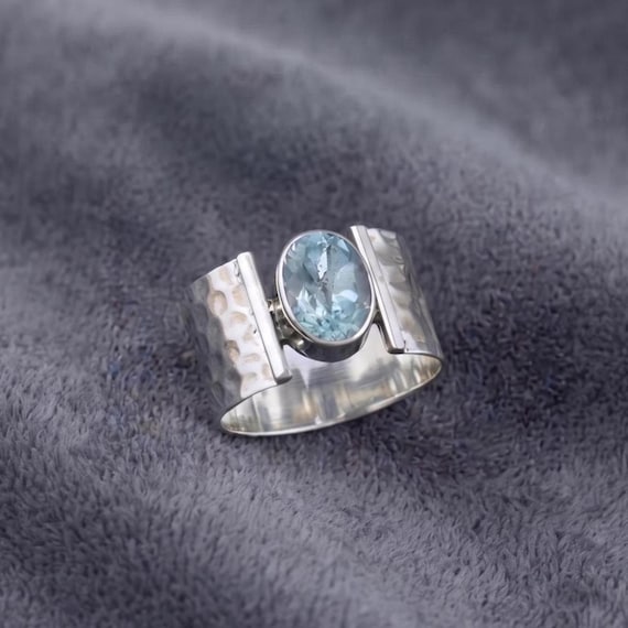 Hammered Aquamarine Wide Band Ring – Artisan Statement Ring