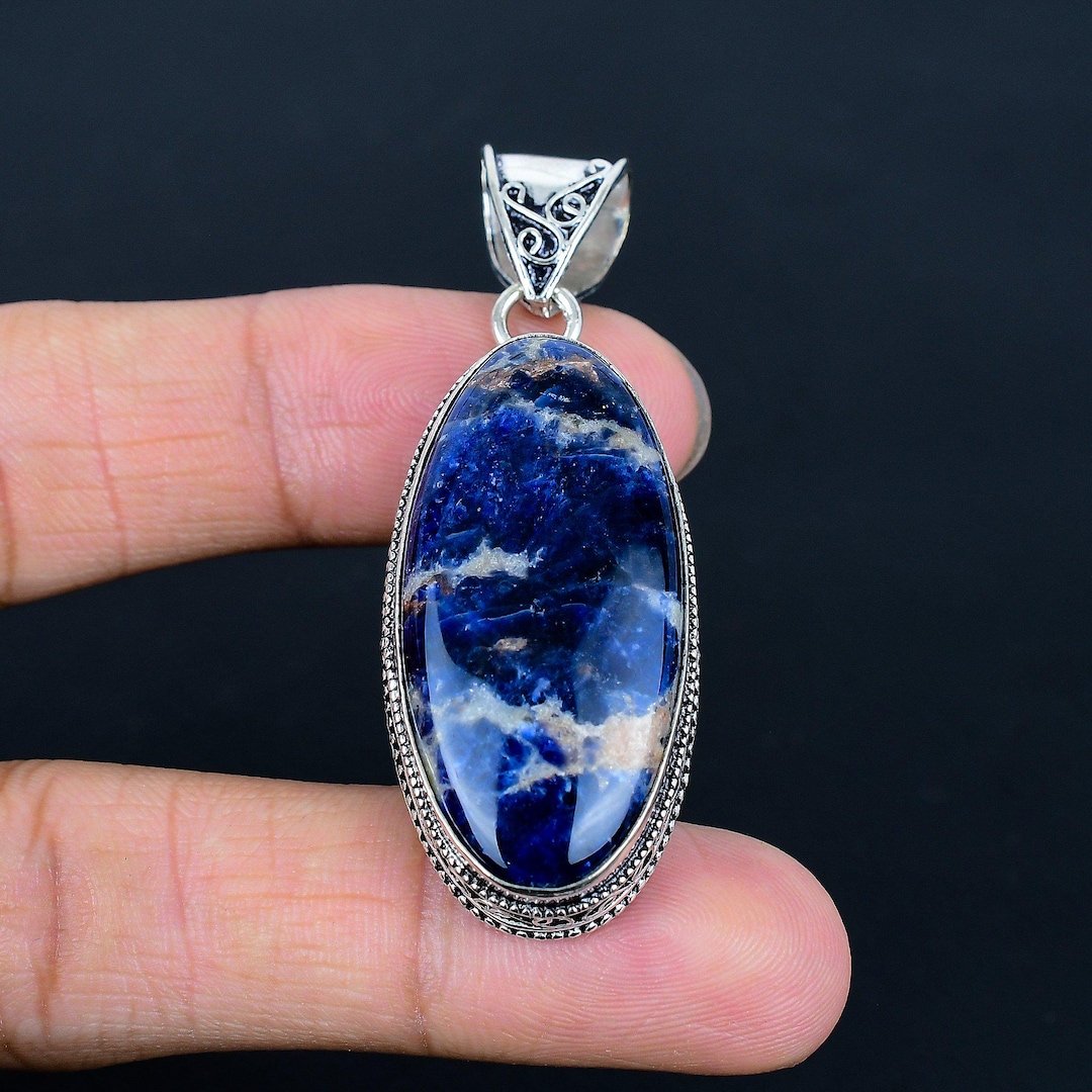 Sodalite Gemstone Pendant, Silver, Statement Jewelry Jewellery