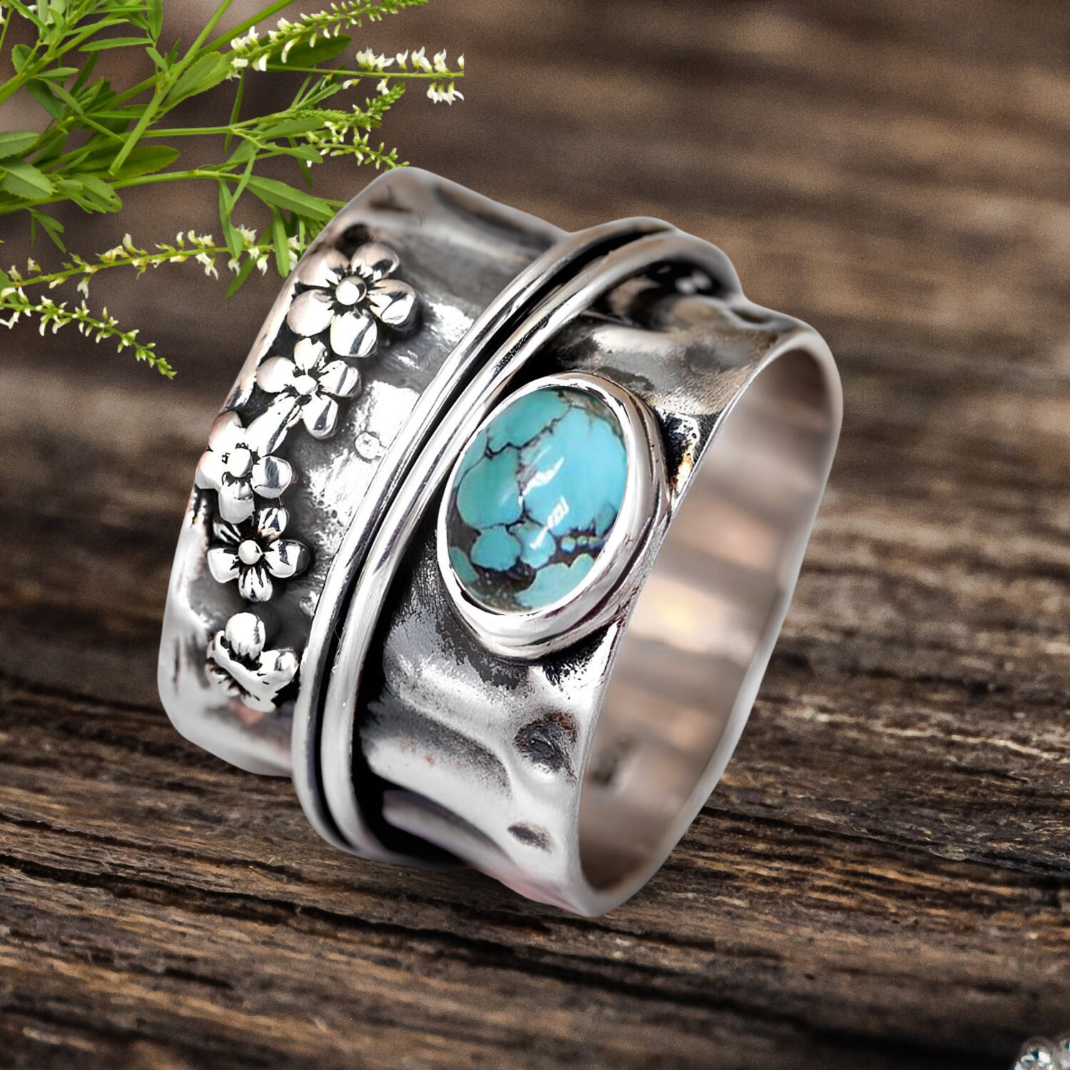 シルバーターコイズスピナーリング、ワイドバンド、レリーフジュエリー