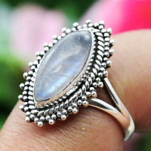 Marquise Rainbow Moonstone 925 Sterling Silver Ring