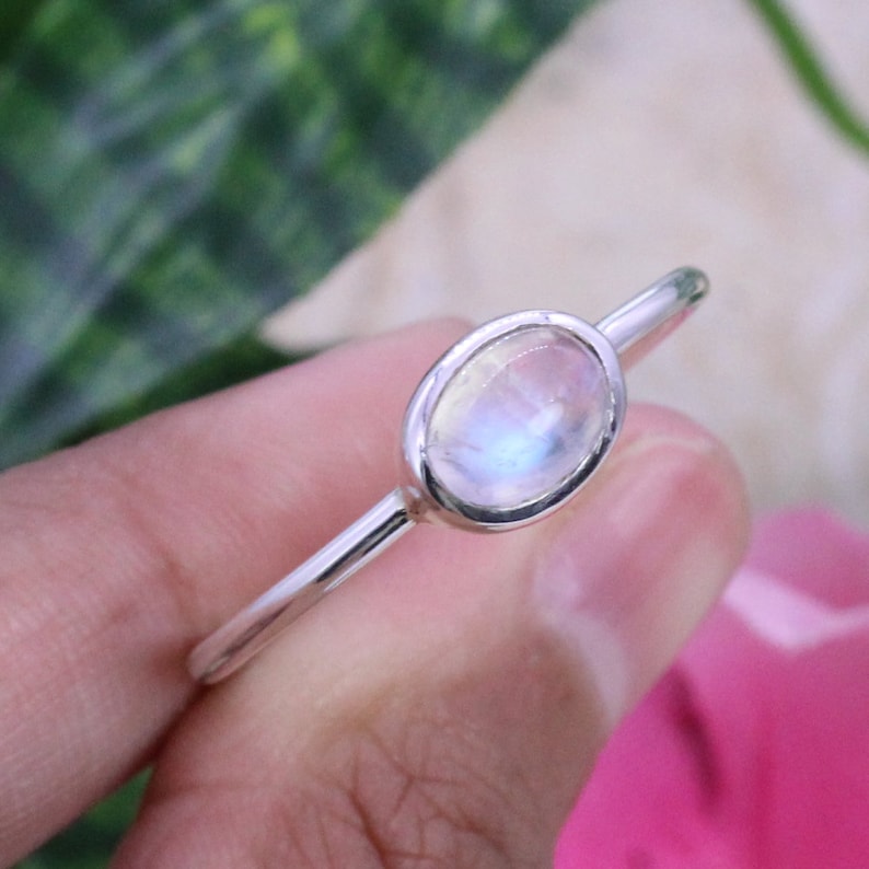 925 Silver Ring/ Rainbow Moonstone/ Midi Stacking Ring/ Women's Ring Band/ Daily wear ring/ Oval Moonstone / Customized ring size J-Z image 2