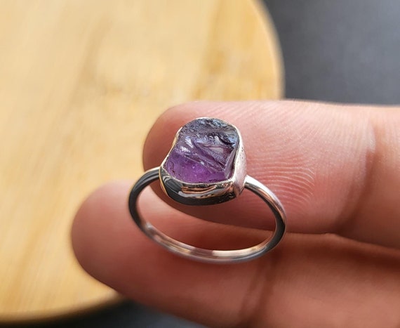 925 Silber Ring, Amethyst Ring, rauer Edelstein, handgemachter