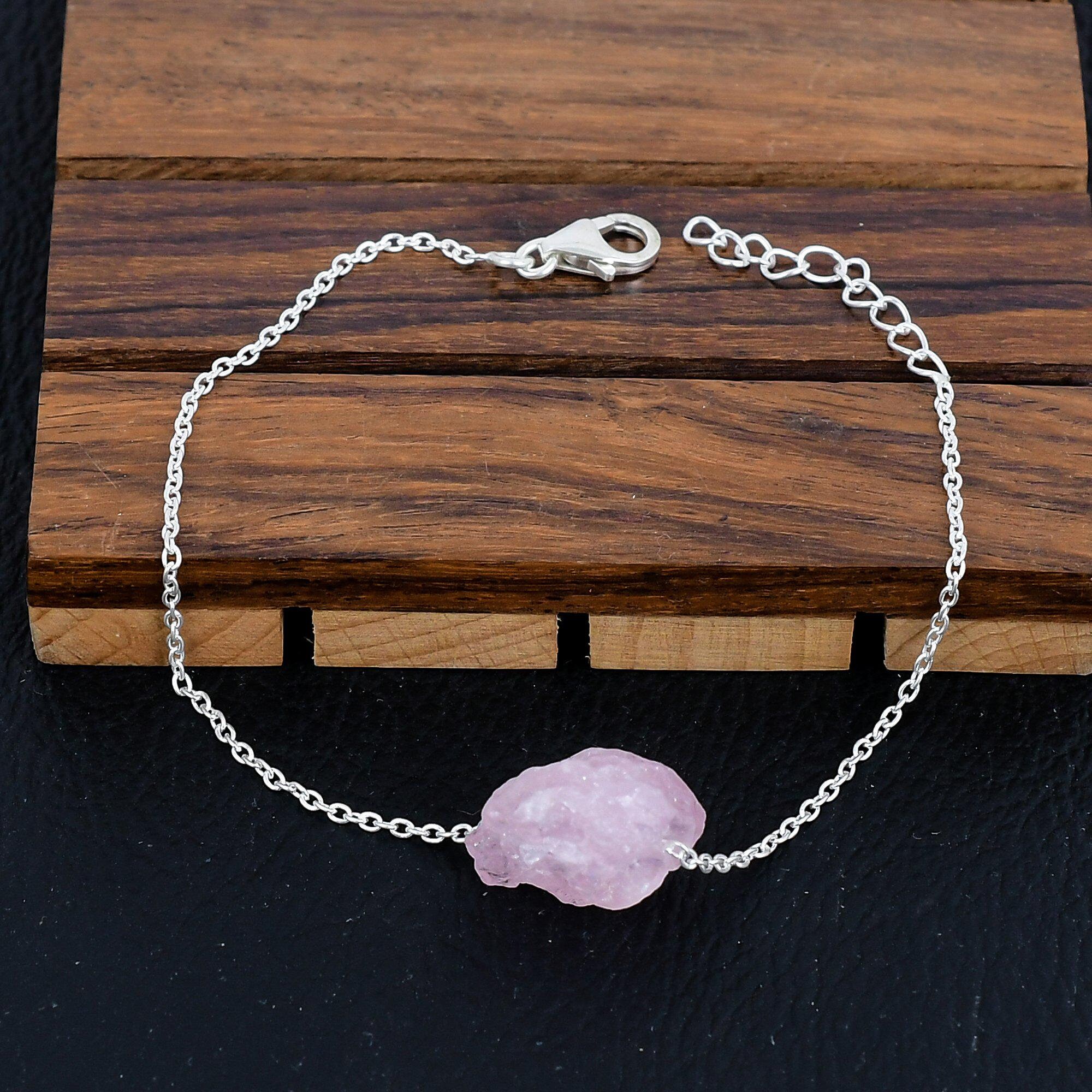 シルバー原石クンツァイトブレスレット、エレガントな宝石ジュエリー