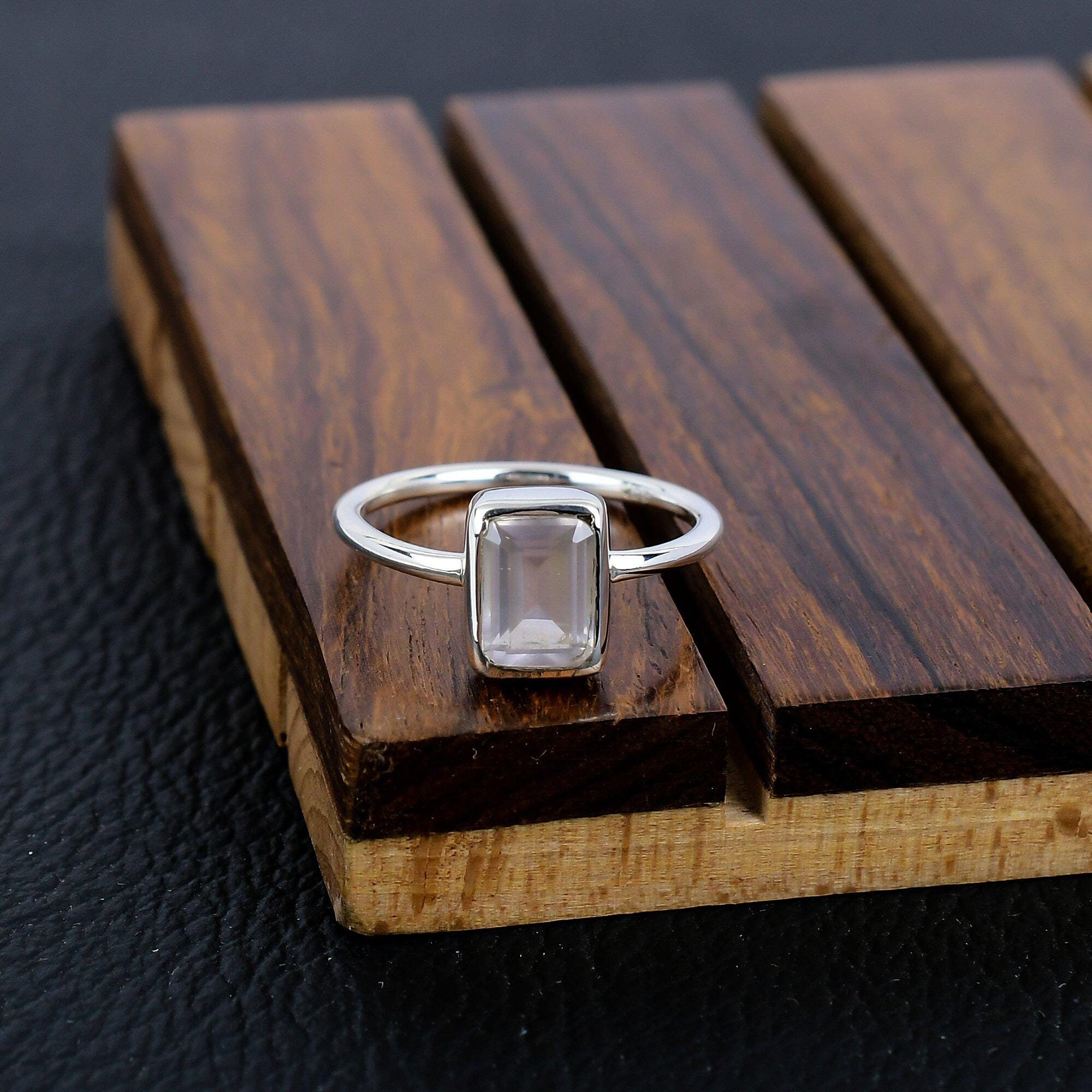 Silver Clear Crystal Ring, Rectangular Gemstone, Custom Size 