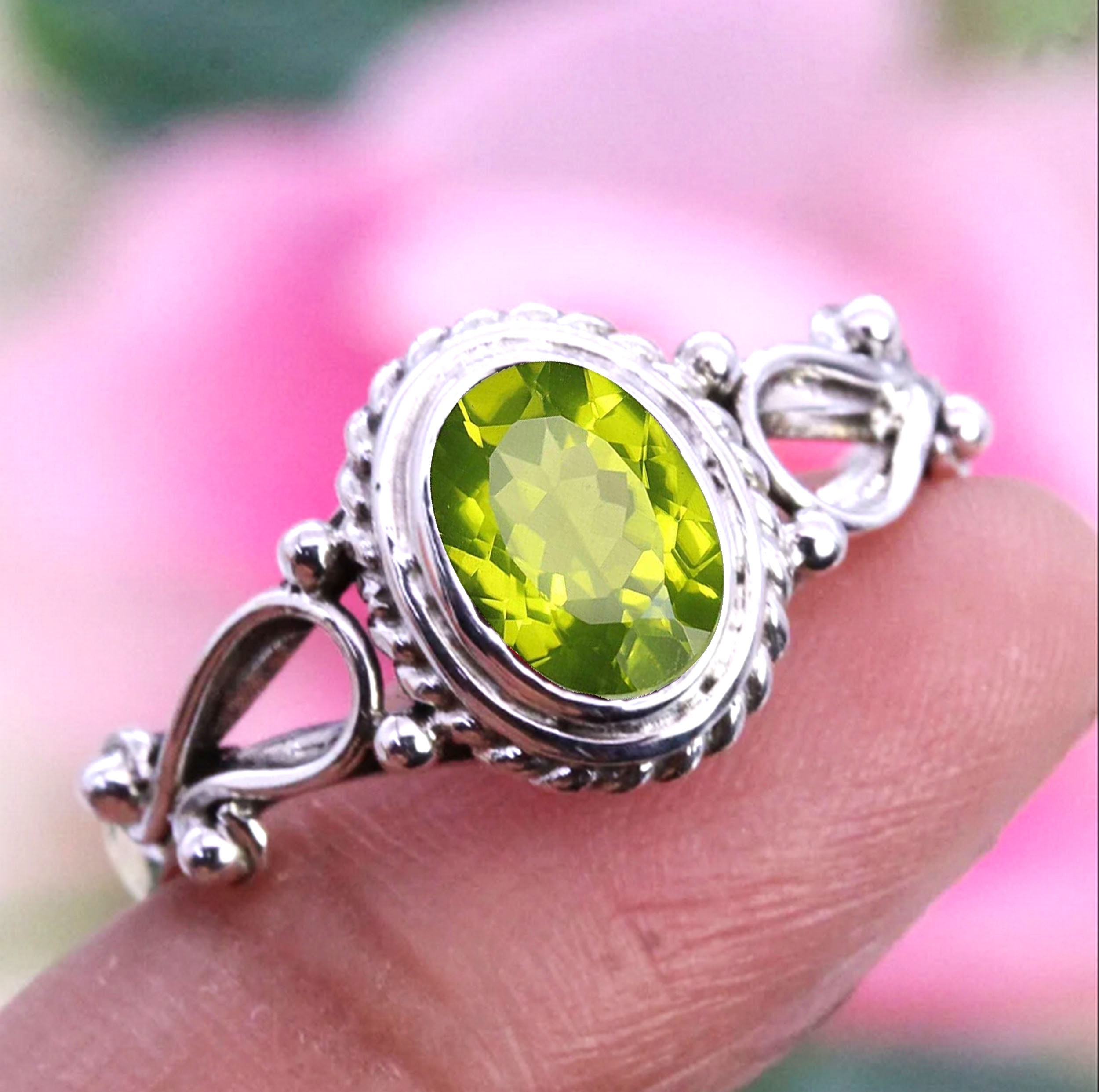 925 Sterling Silver Ring, Peridot Ring, Oval Gemstone Ring