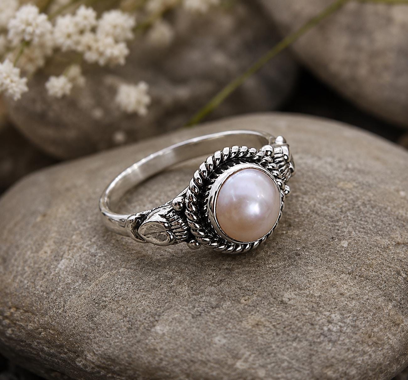 Pearl Gemstone Ring • Ornate Silver Statement Ring - Etsy