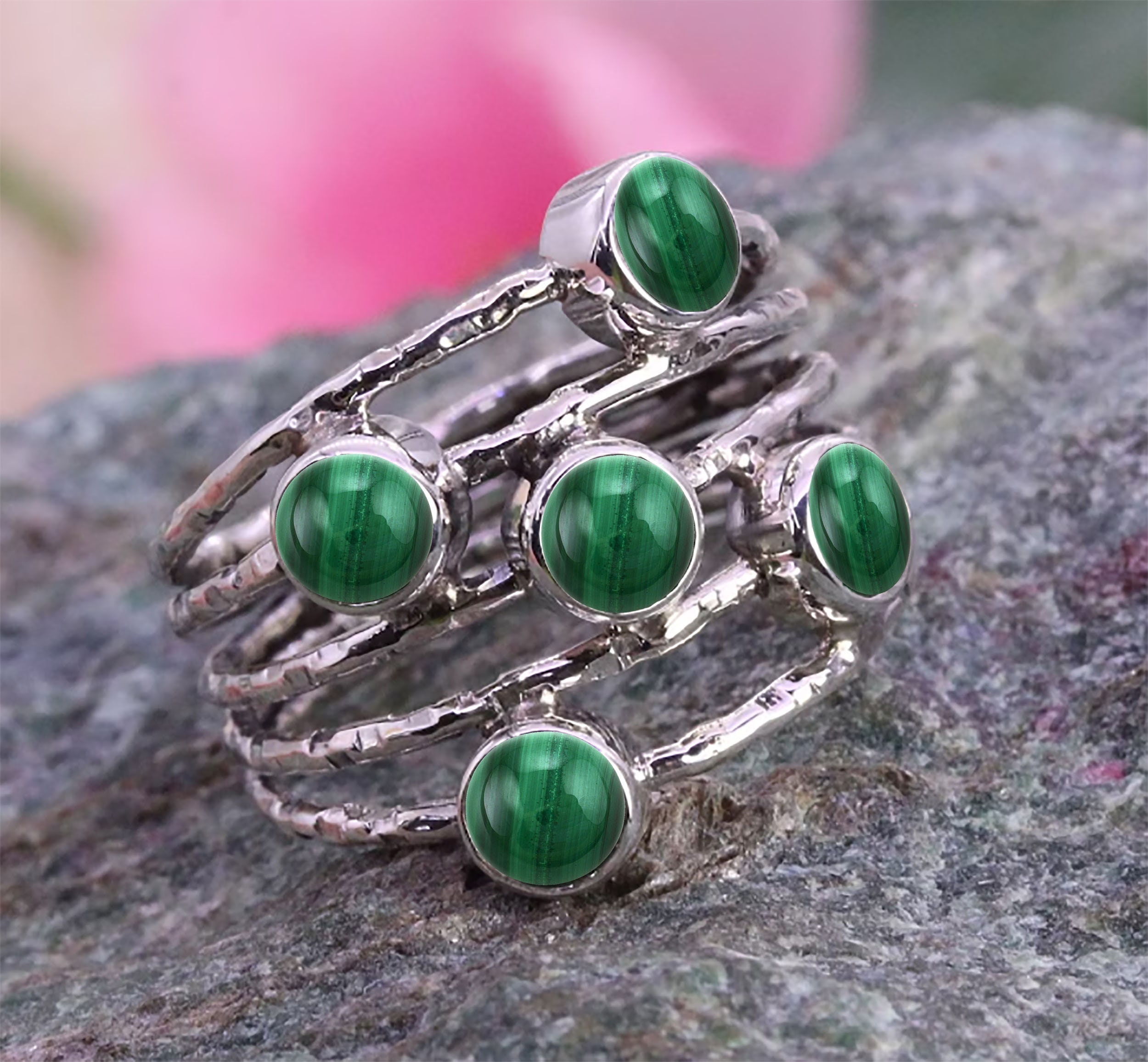 Silver Malachite Ring, Round Gemstone Band Jewellery Gift/ Silver
