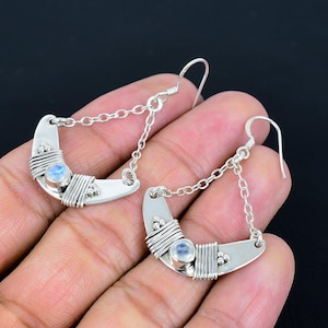 925 Solid Sterling Silver Earrings/Natural Moonstone Earrings/Daily wear Earrings/Drop Dangle Gemstone Earrings/Perfect Gift For Her.
