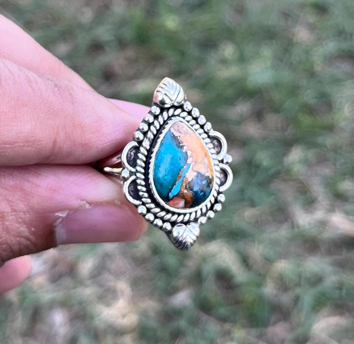 ブルーコッパーターコイズリング、ハンドメイドシルバーリング
