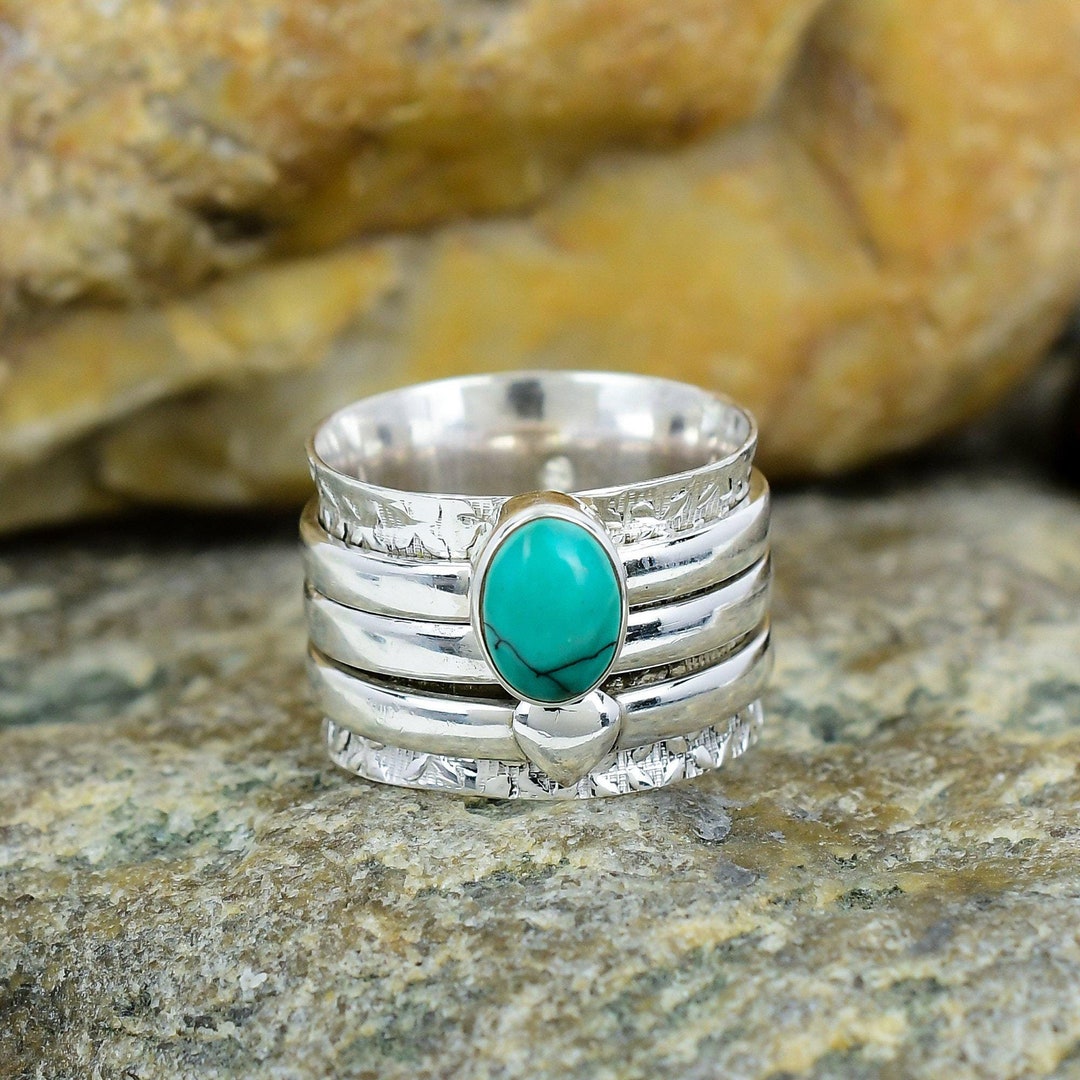 Sterling Silver Turquoise Spinner Ring, Wide Band Meditation Ring