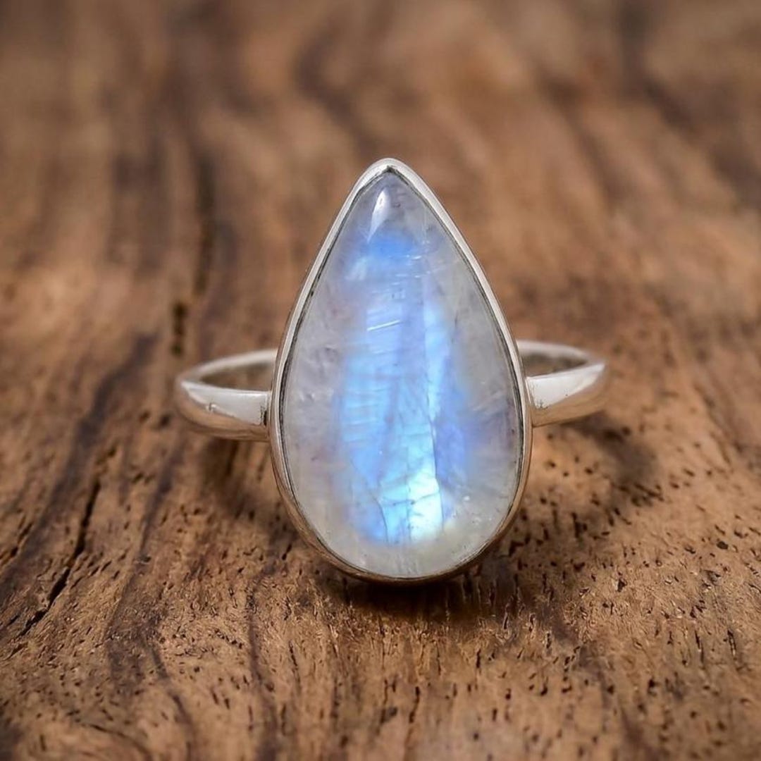 Teardrop Rainbow Moonstone Ring – Pear Shaped Blue Flash Moonstone
