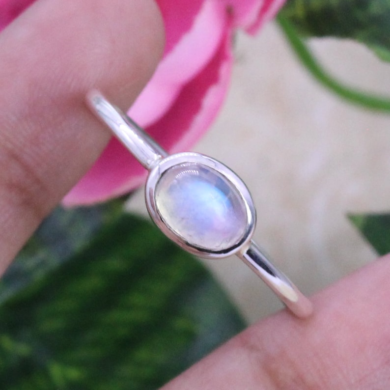 925 Silver Ring/ Rainbow Moonstone/ Midi Stacking Ring/ Women's Ring Band/ Daily wear ring/ Oval Moonstone / Customized ring size J-Z image 1