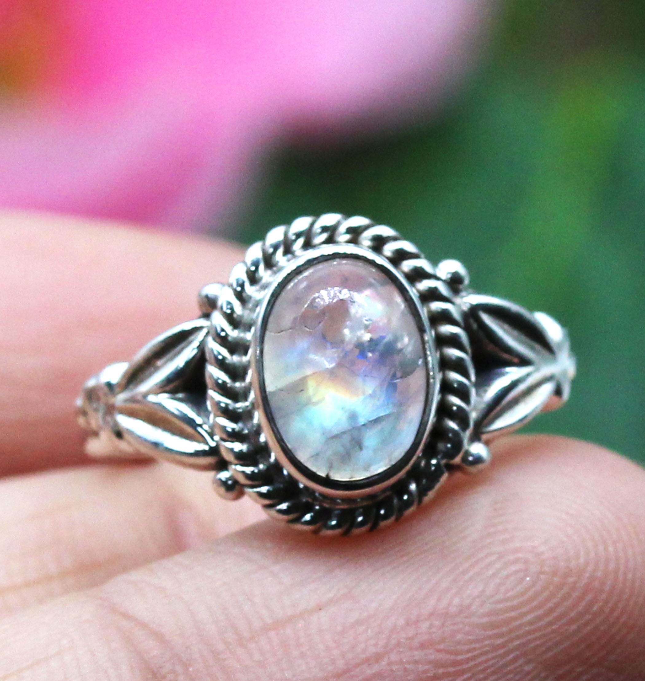 Silvershake 7x5 Mm Oval Rainbow Moonstone Ring - 925 Sterling Silver Triquetra Celtic Knot - View #12