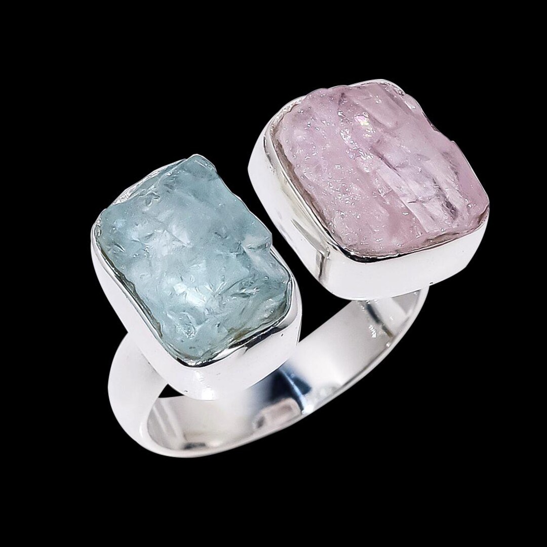 リクエスト　ハンドメイド Handmade Raw Aquamarine Rose Quartz Ring, Silver Rough Stone