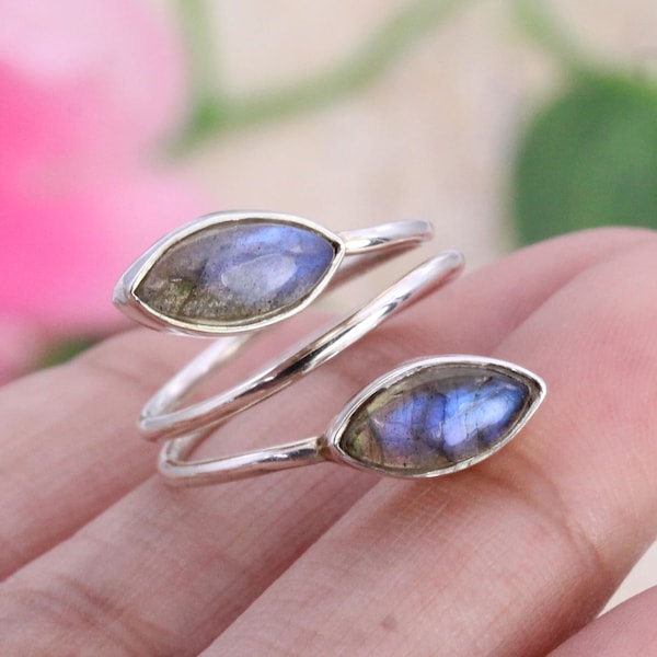 Bague en argent 925 / Labradorite / Bague réglable / Bague d'anniversaire / Alliances pour femme / Bague de créateur / Taille de bague personnalisée J à Z