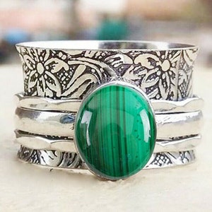 925 Silver Ring / Malachite / Spinner Meditation Ring / Promise Ring / Women's Rings Bands / Oval Malachite / Customized ring size J TO Z