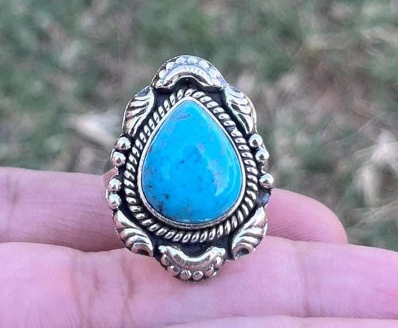 ブルーターコイズステートメントリング、シルバーカクテルリング