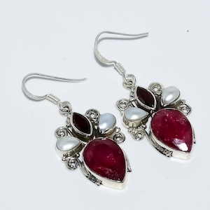 Handmade Ruby and Pearl Statement Earrings | Ornate Garnet Filigree Dangles