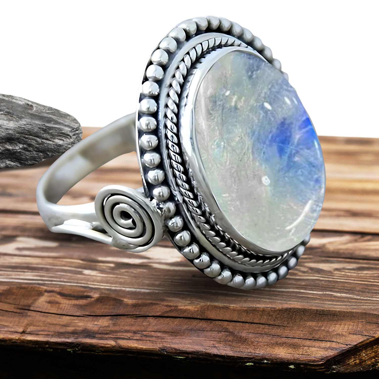 Blue Fire Moonstone Ring, 925 Sterling Silver, Jewellery