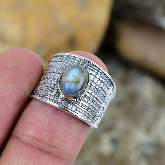Silver Labradorite Ring, Adjustable Wide Band Jewellery Gift