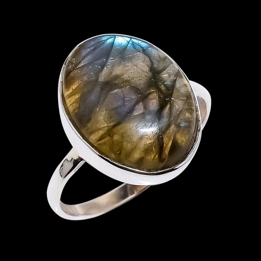 ブルーフラッシュラブラドライトシルバーリング、ボヘミアンジュエリー