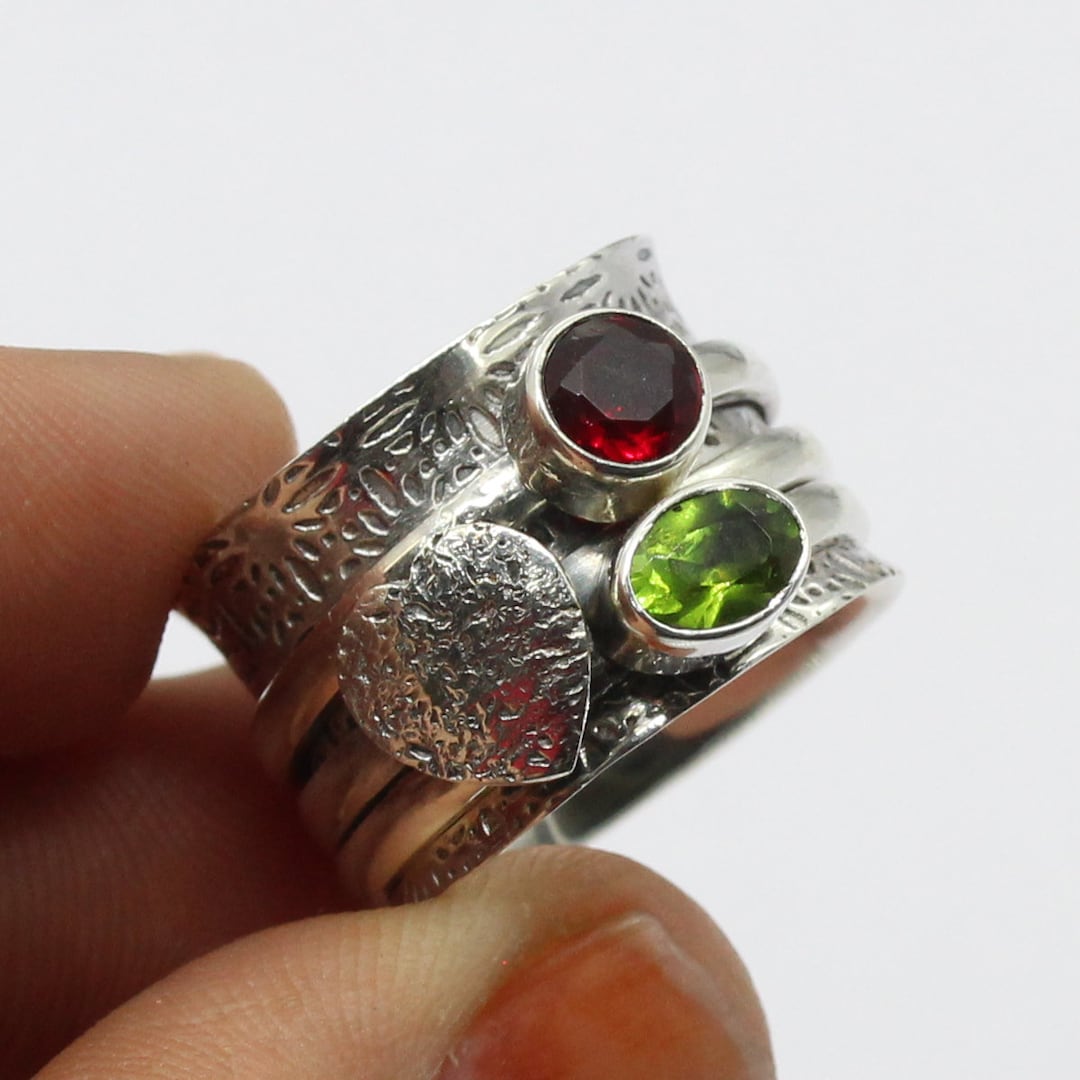 Sterling Silver Spinner Ring With Peridot & Garnet Gemstones - Etsy