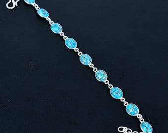 Silver Copper Turquoise Bracelet, Gemstone Jewelry Jewellery Gift/ Silver