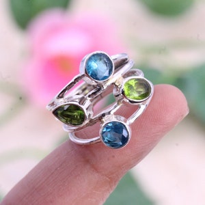 925 Sterling Silver Ring, Peridot Ring, Blue Topaz Ring, Multistone Ring, Womens Partywear Ring, Wedding Ring, Customized ring size J TO Z