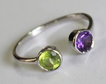 Silver Ring /Amethyst /Peridot / Adjustable ring / Women's Rings Bands / Round Amethyst & Peridot/ Customized ring size J TO Z