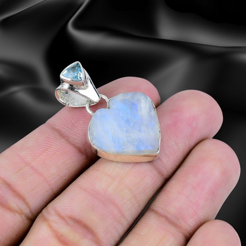 925 Solid Sterling Silver Natural Moonstone and Blue Topaz Pendant
