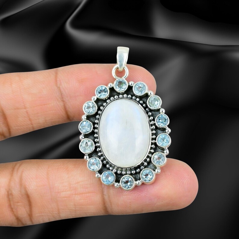 925 Solid Sterling Silver Natural Moonstone and Blue Topaz Pendant