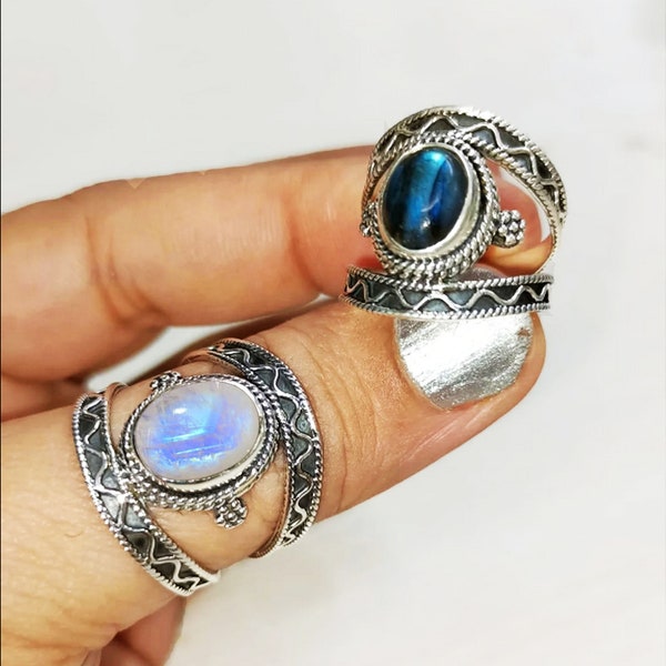 Bague en argent massif 925, bague pierre de lune ovale, bague labradorite pour femme, bague large bande de créateur, bague festif, taille de bague personnalisée J à Z