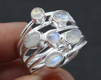 925 Silver Ring /  Moonstone/ Multi stone Ring/ stacking ring/ Women's Rings Bands/ Wedding ring / Big huge ring/Customized ring size J TO Z