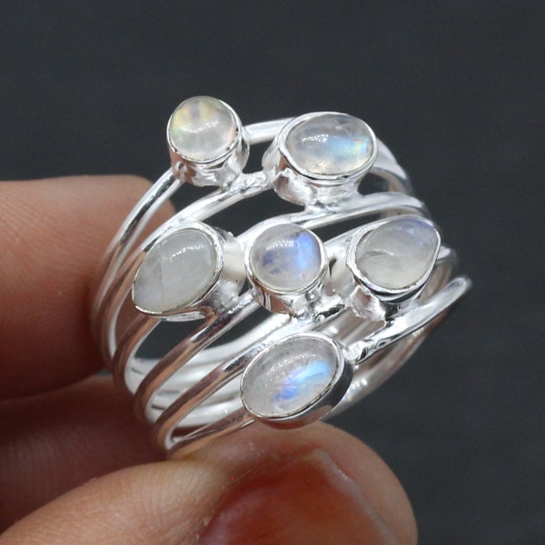 925 Silver Ring /  Moonstone/ Multi stone Ring/ stacking ring/ Women's Rings Bands/ Wedding ring / Big huge ring/Customized ring size J TO Z
