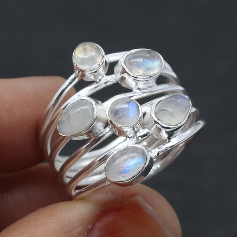 925 Silver Ring / Moonstone/ Multi stone Ring/ stacking ring/ Women's Rings Bands/ Wedding ring / Big huge ring/Customized ring size J TO Z image 1