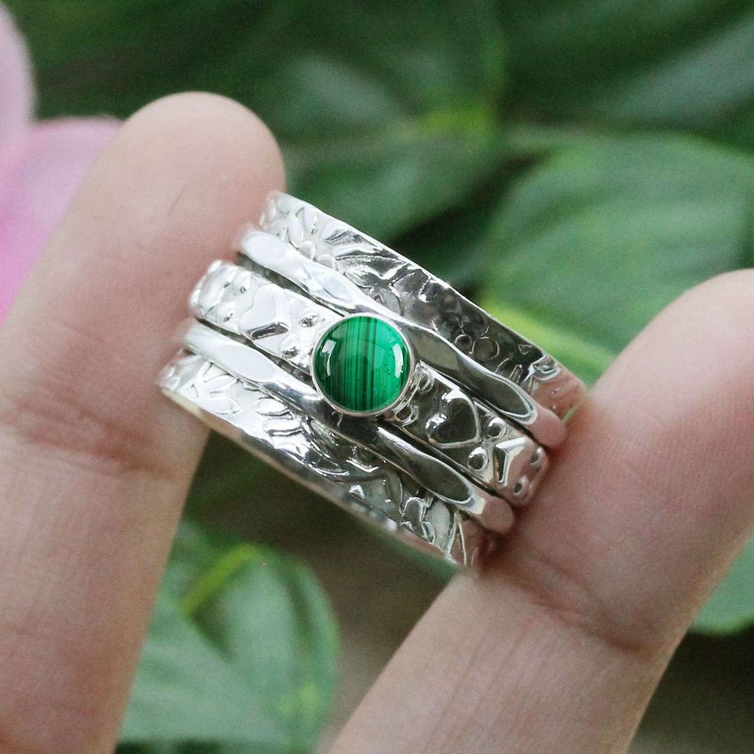 Silver Malachite Spinner Ring, Wide Band Fidget Ring Jewellery
