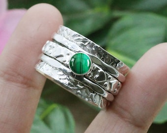 925er Silber Ring / Malachit / Spinner Meditations Ring / Breiter Bandring / Frauen-Ringe Bands / Runder Malachit / Kundenspezifische Ringgröße J TO Z