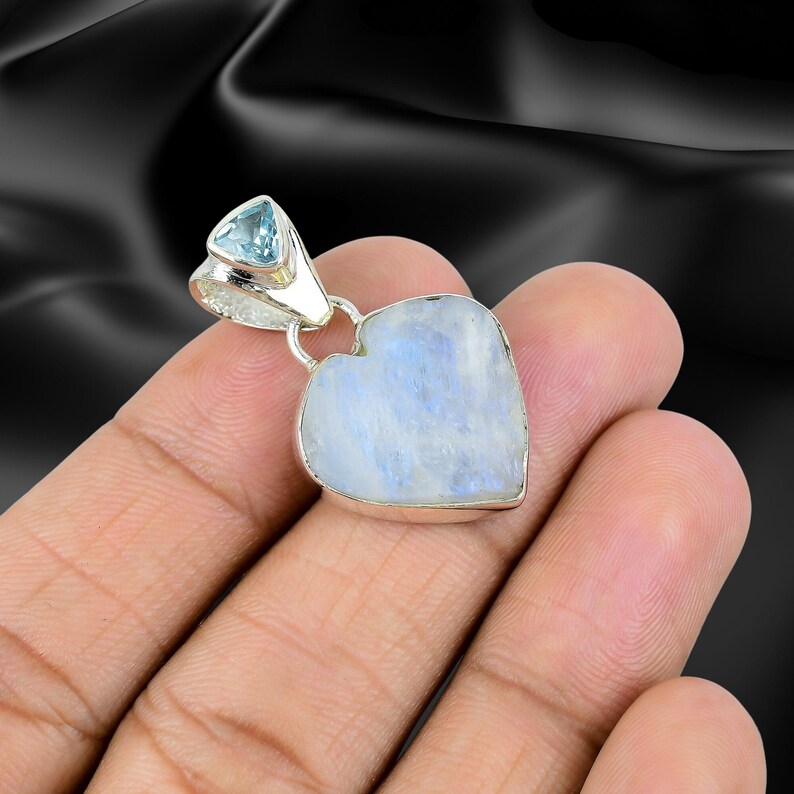 925 Solid Sterling Silver Natural Moonstone and Blue Topaz Pendant