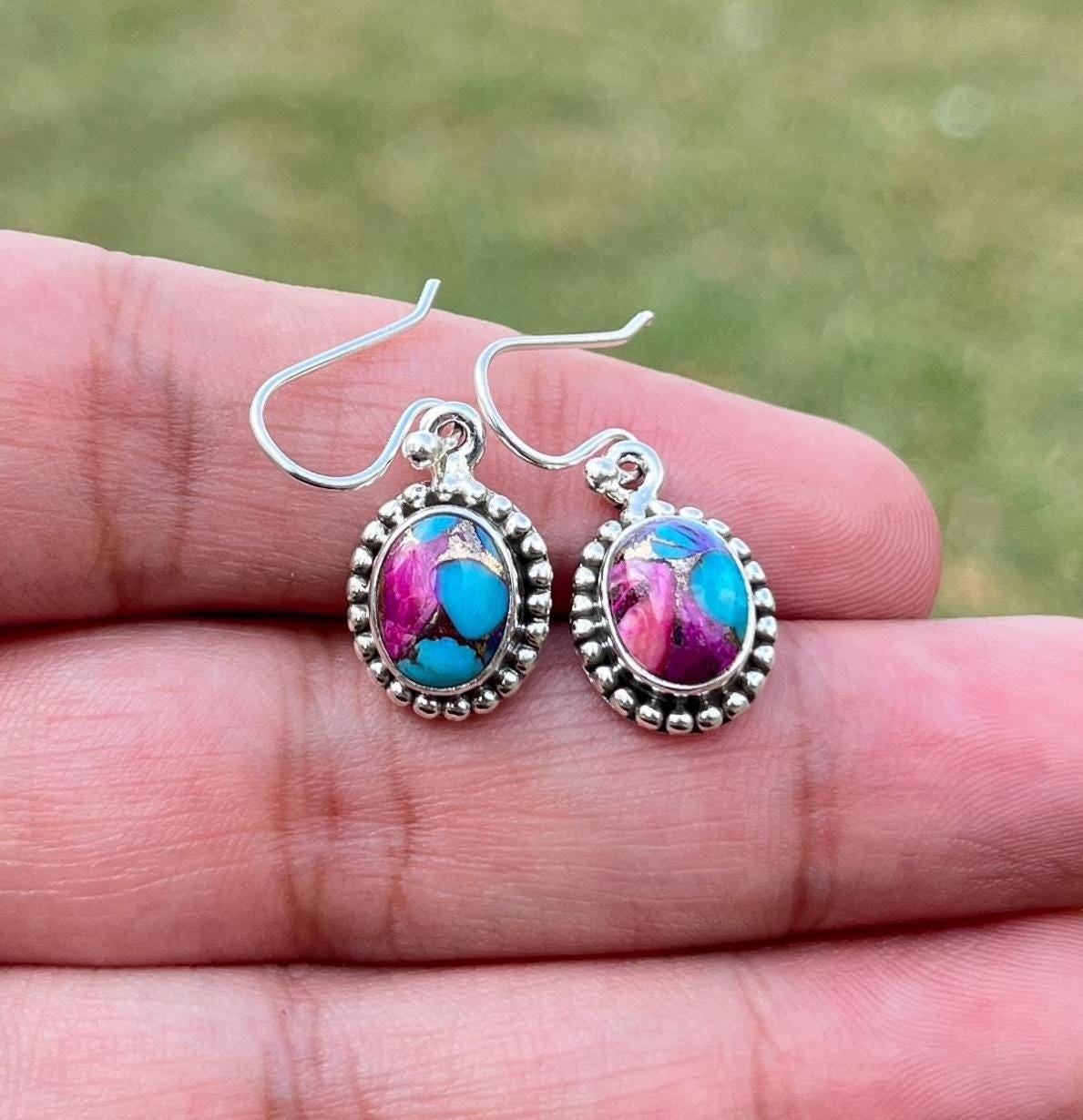 925 Solid Sterling Silver Pink Dahlia Turquoise Drop Dangle