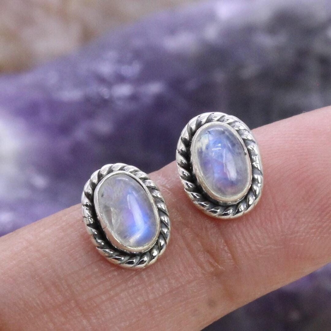 Natural Blue Fire Moonstone Rainbow Stud Earring, 925