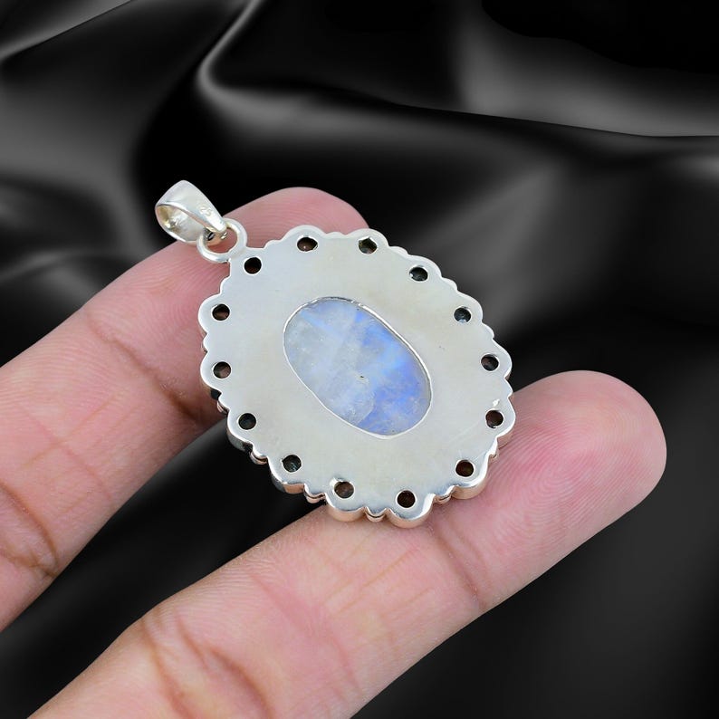 925 Solid Sterling Silver Natural Moonstone and Blue Topaz Pendant