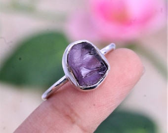 Bague améthyste en argent faite main, pierre précieuse brute, bijoux femme cadeau bijoux/argent