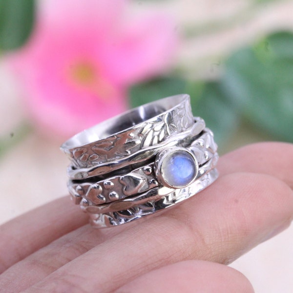 925 Silver Ring, Moonstone Ring, Womens Spinner Ring, Meditation Ring, Wide Band Ring, Girls Partywear Ring,  Customized ring size J TO Z