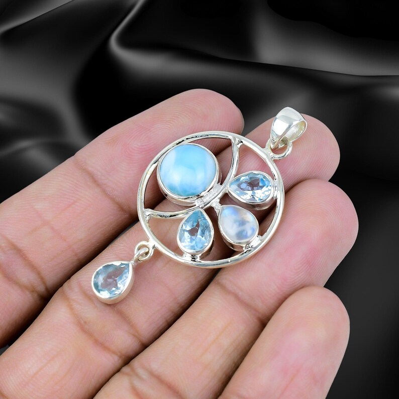 925 Solid Sterling Silver Natural Larimar, Moonstone and Blue Topaz