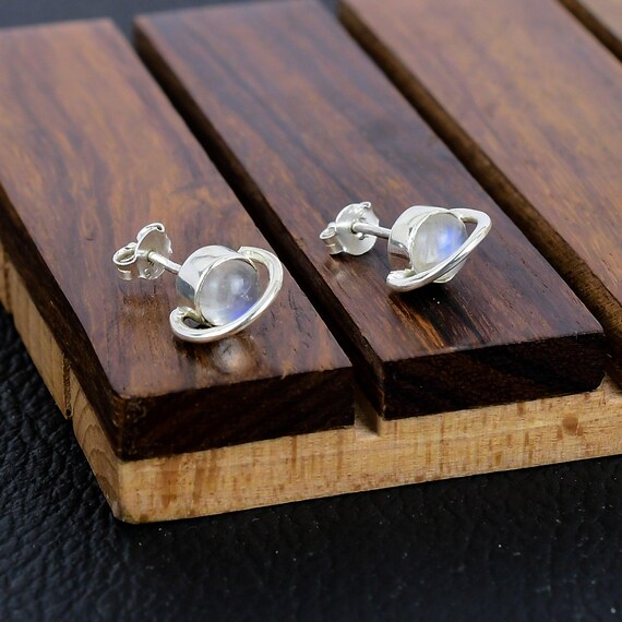 Silver Moonstone Saturn Stud Earrings, Minimalist Jewelry