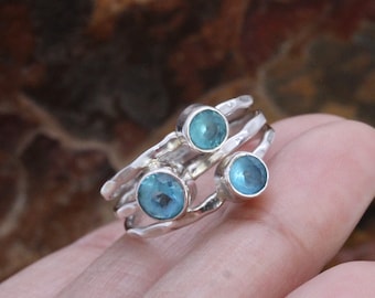 Silver Blue Topaz Ring, Round Gemstone Band Jewellery Gift/ Silver