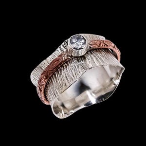 Silver Spinner Ring, White Topaz Gemstone, Engraved  Ring Jewellery Gift/ Silver